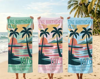 Toalla de playa personalizada para club de cumpleaños, toalla de piscina personalizada con palmera, regalos para viajes de chicas a la playa, vacaciones familiares, artículos para fiestas, piscina