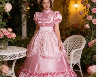 Gothic Girl Maid Sissy lockable Pink satin dress cosplay costumes Tailor-made