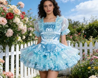 French sexy maid Sissy girl blue satin lockable cosplay costume Halloween party customized
