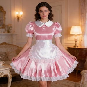 May include: A pink satin dress with a white collar, puff sleeves, and a white apron. The dress features white lace trim on the sleeves and hem. The dress has a vintage or retro style.