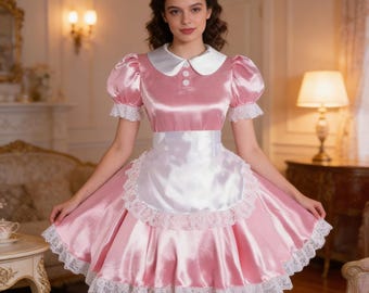 Lockable Sissy Pink Lace Maid Dress with Apron Customizable Cosplay Costume