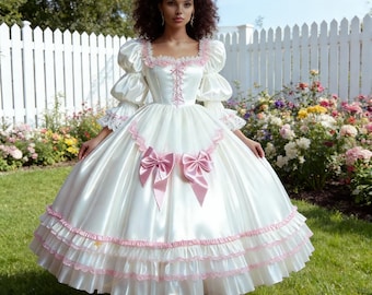 Lolita Prom Dress Ball Gown Puff Sleeves Maid Cocktail Party Dresses Pink Bow Customized Cosplay Masquerade Costume