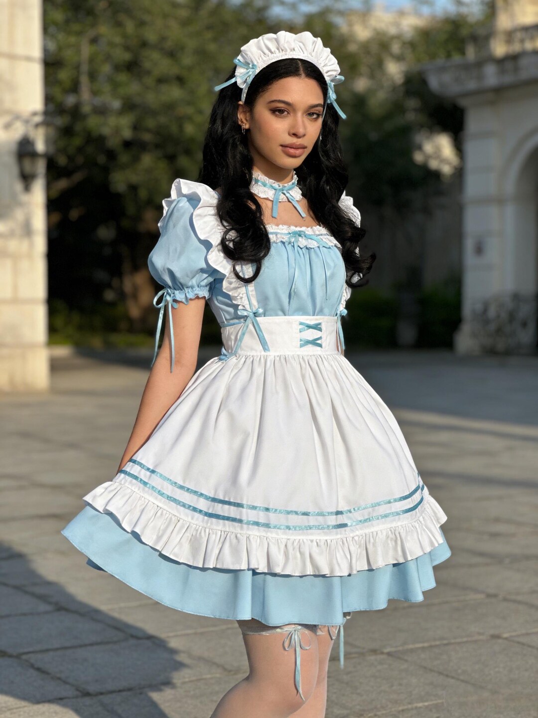 Lockable Blue White Lolita Maid Dress Cute Cosplay Costume for Women ...