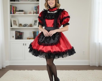 Lockable Black Lace Satin Maid Dress | Short Puff Sleeve Sexy Sissy Cosplay Uniform