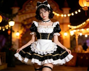 Gothic Lolita Ruffled Maid Dress | Puffed Sleeve Cosplay Costume for Halloween Party & Fancy Events