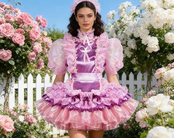 French Pink Stand Collar Lace Satin Skirt Maid Uniform Role Sissy Private Lockable Dress Custom