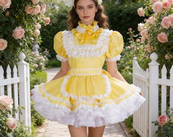 French maid Sisi girl lockable yellow satin dress cosplay costume customization