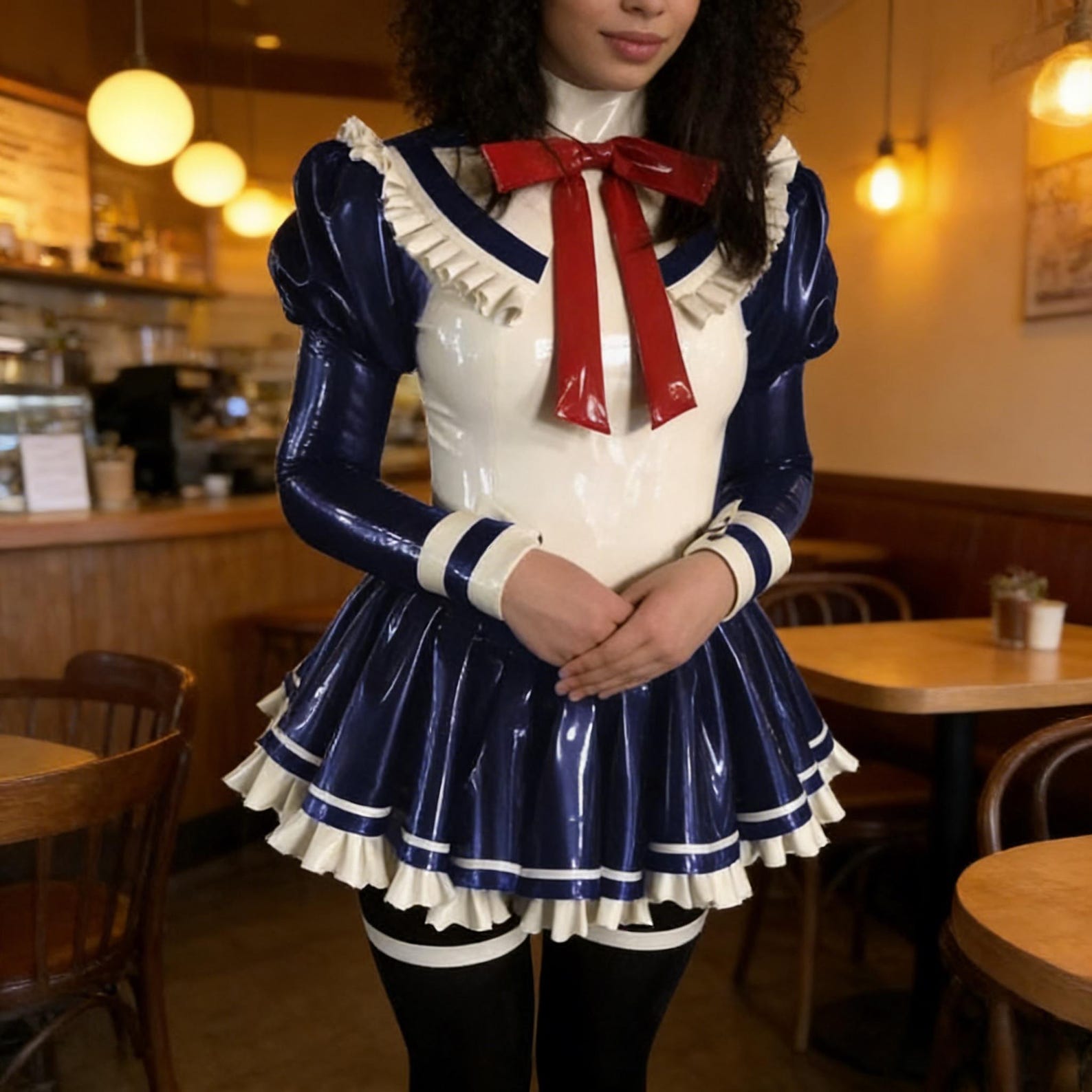 Pvc Ruffle Suit PVC Maid Dress: Blue White Ruffled Mini Flared Costume, Cosplay Outfit ...