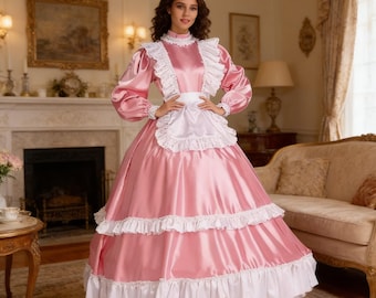 Sissy Girl Pink Satin Long-Sleeved Ruffle Maid Cosplay Costume Customizable  Lockable Design