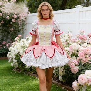 Peut inclure: Une robe rose et blanche avec une jupe à volants et des manches bouffantes. La robe présente un corsage jaune avec des accents roses et une bordure rouge. Un ras du cou rouge est porté autour du cou. La robe est posée sur un fond de fleurs blanches et roses.