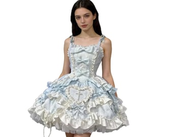 Kawaii Off Shoulder Lolita Dress  Women’s Sweet Bow Slash Neck Sling Slim Fit Dress
