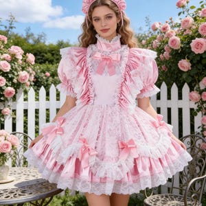 Peut inclure: Robe rose et blanche avec un bandeau assorti. La robe présente un col montant, des manches courtes bouffantes et une jupe à volants ornée de nœuds et de dentelle. En arrière-plan, une clôture blanche et des rosiers roses.