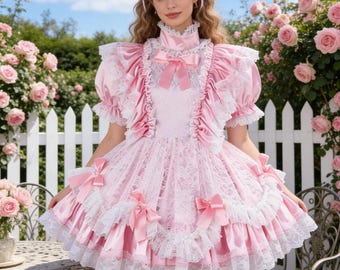 Lockable pink Satin Sissy Maid Dress: Frilly Apron, Puff Sleeves Cosplay