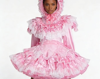 Roze satijnen Frans dienstmeisjeskostuum: jurk met ruches, cosplay met capuchon