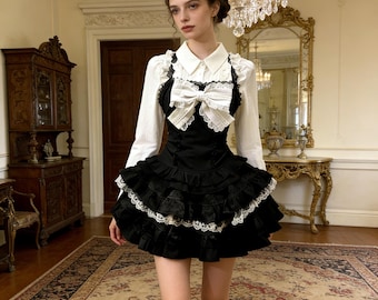 Gothic Vintage Long Sleeve Dress Lolita Sweet Tiered Princess Style Kawaii Japanese Retro Solid