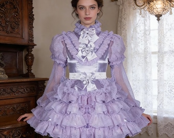 Violet smooth satin patchwork organza trumpet long sleeves cake dress sissy girl maid cosplay costume