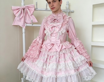 Sweet Lolita JSK Dress | Kawaii Lace Ruffle Princess Dress with Bows for Cosplay &Birthday Everyday Wear