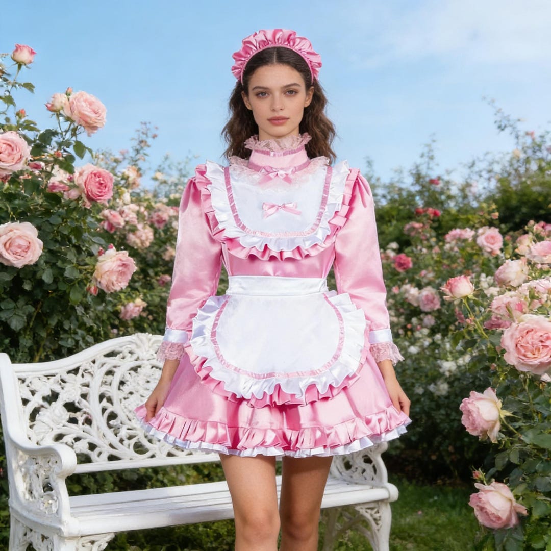 Pink Satin French Maid Costume: Lockable Ruffle Dress, Customizable ...