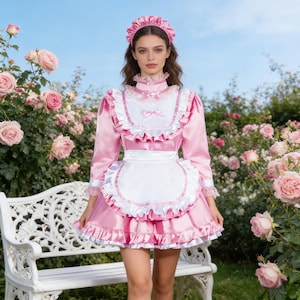 May include: A pink satin maid costume with white lace trim, a matching headband, and a white apron. The dress features long sleeves, a ruffled skirt, and a high collar. The background includes a white bench and a garden of pink roses.
