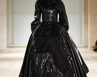Black Vinyl Gown: High Collar, Puffed Sleeves, Gothic Cosplay