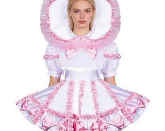 Sexy adult sissy white satin lockable ruffle edge dress, maid cosplay costume customizable