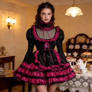 May include: A black dress with pink trim and ruffles. The dress has long sleeves, a high collar, and a layered skirt. A black lace headband is worn. The dress is a vintage style.