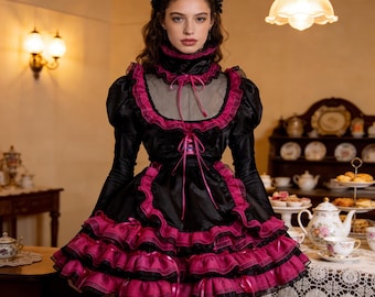 Maid Girl Sissy Lockable Black satin long sleeve Dress cosplay costumes Tailored