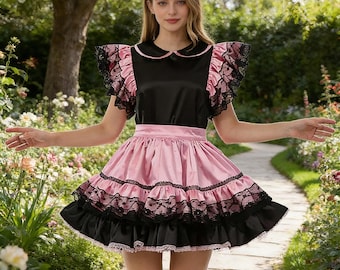 Sissy Girl Maid Lockable Pink&Black Satin Mini Dress Cosplay Costume Tailor-made