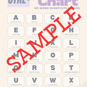 May include: An alphabet chart of MS Word shortcuts. The chart features a grid of lettered boxes, each paired with a corresponding function like "Bold" or "Save". The title "Alphabet Chart" is displayed at the top, with "CTRL+" above it.