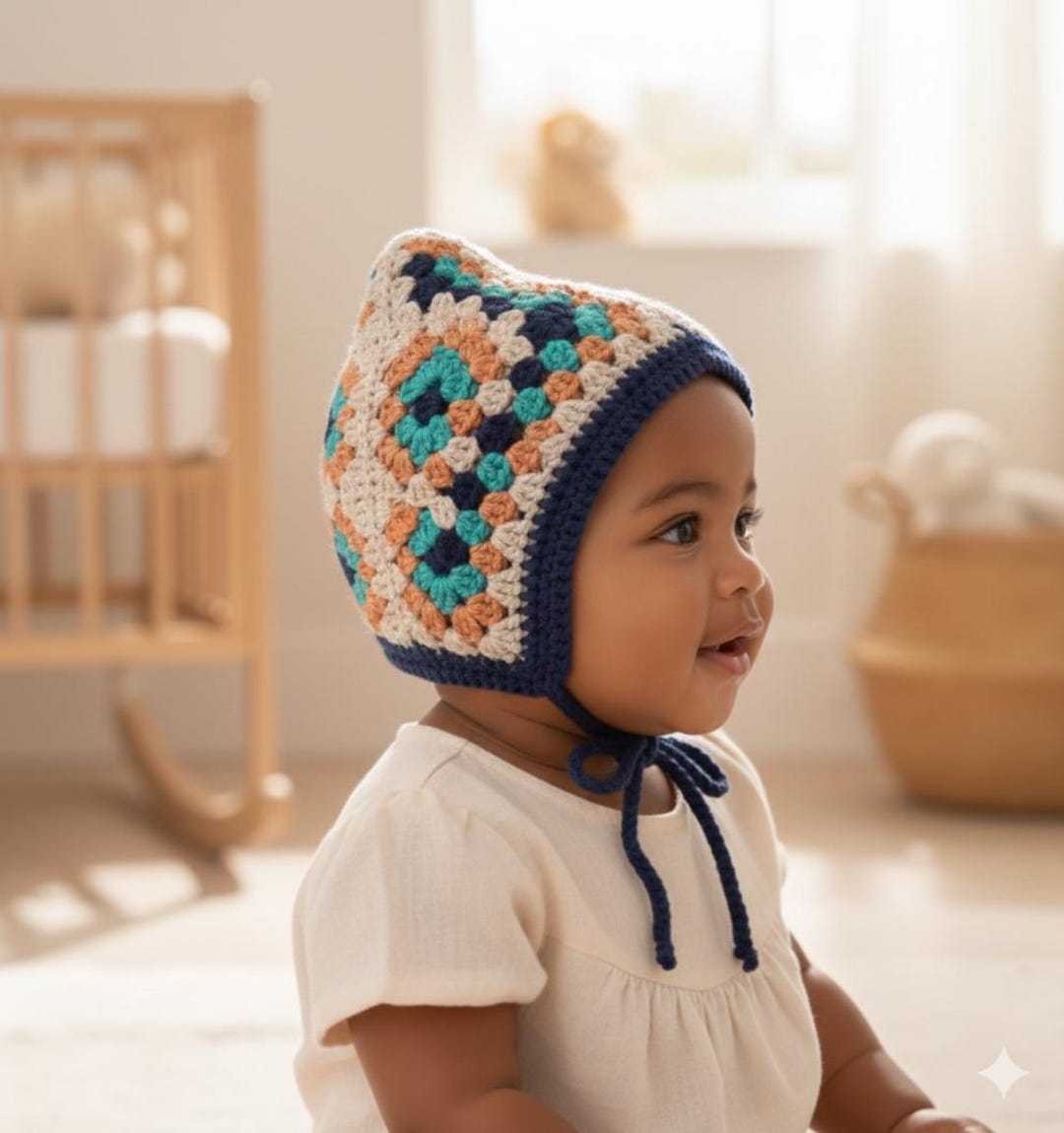 Retro Crochet Baby Bonnet, Granny Square Toddler Hat, Vintage Style ...