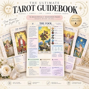 May include: A digital tarot guidebook featuring the title The Ultimate Tarot Guidebook with 78 pages. The central page displays The Fool card with detailed meanings, keywords, and associations. Surrounding pages show The Magician, The Empress, The Lovers, and The Star cards with text and illustrations.