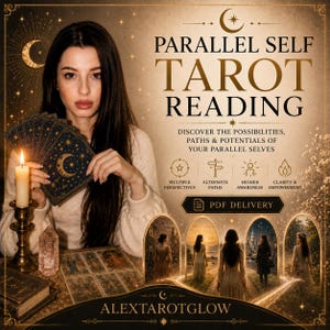 May include: A Parallel Self Tarot Reading service advertisement featuring text, a person holding tarot cards, a lit candle, and a crystal. The graphic includes the text: Parallel Self Tarot Reading, Discover the possibilities, paths & potentials of your parallel selves, Multiple Perspectives, Alternate Paths, Higher Awareness, Clarity & Empowerment, PDF Delivery, and Alextarotglow.