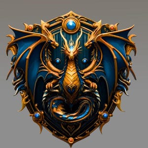 Puede incluir: Un diseño de escudo detallado y ornamentado con un dragón dorado con alas extendidas sobre un fondo azul. El escudo está enmarcado con detalles dorados y adornado con joyas azules y rojas, creando un tema de fantasía o medieval.
