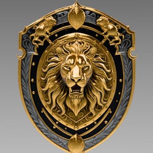 Puede incluir: Un escudo dorado y negro con la cabeza de un león rugiente en el centro. Dos figuras de león más pequeñas en la parte superior. El escudo tiene un borde dorado y elementos decorativos en oro y plata.