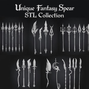 Puede incluir: Colección de lanzas de fantasía únicas en varios diseños, representadas en gris claro sobre un fondo oscuro. El texto "Unique Fantasy Spear STL Collection" se muestra en la parte superior.