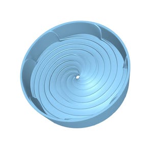 Peut inclure: Objet circulaire bleu clair avec un motif en spirale. Il possède un bord extérieur surélevé et une ouverture centrale. Le motif en spirale est constitué de lignes courbes concentriques créant un effet tourbillonnant. L'objet est en matériau solide.