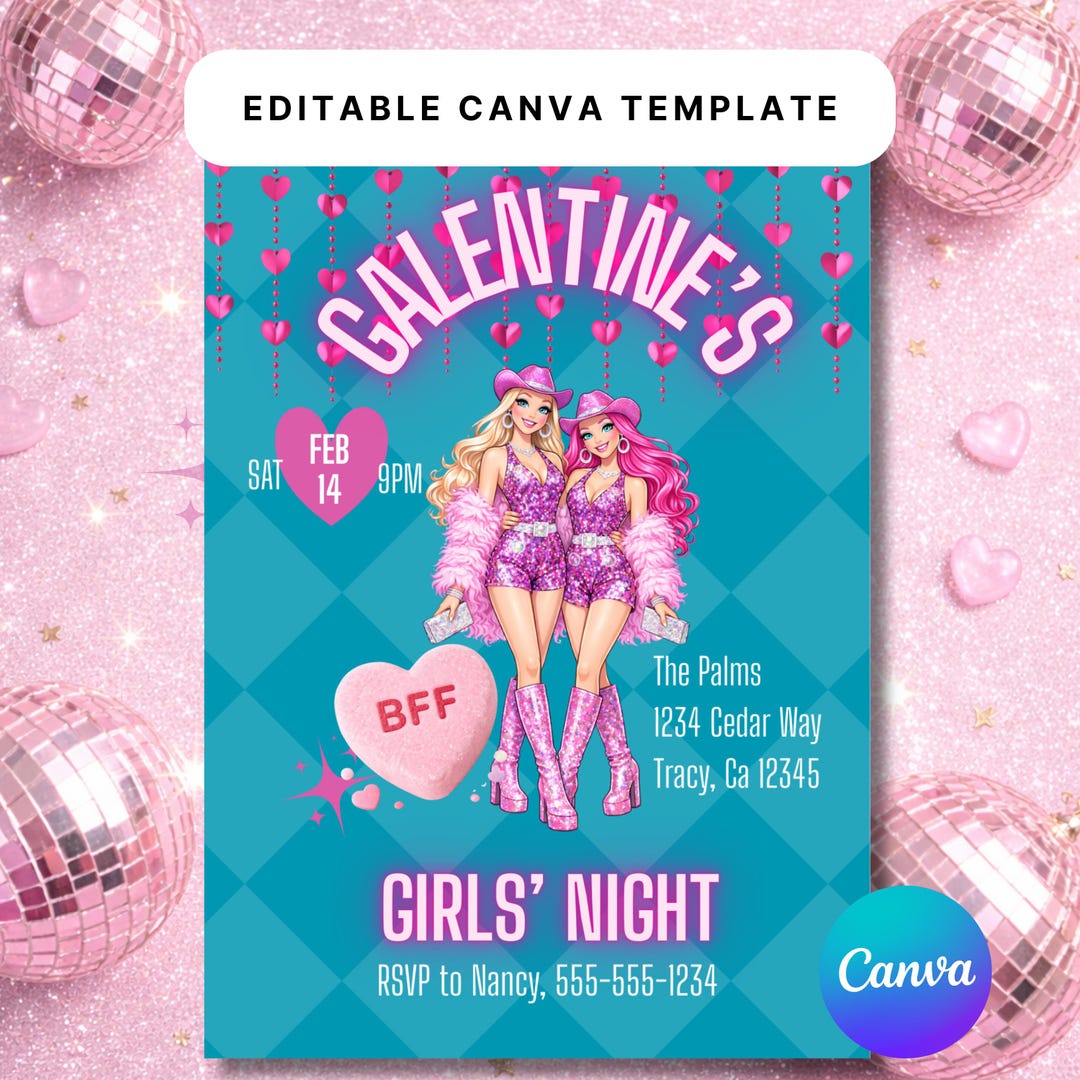 Galentine’s Girls’ Night Invitation, Party Invite, Editable Canva ...