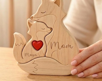 Puzzle de famille personnalisé renard, premier cadeau de fête des mères, souvenir de famille en bois personnalisé, cadeau nouvelle maman, nom de bébé déco