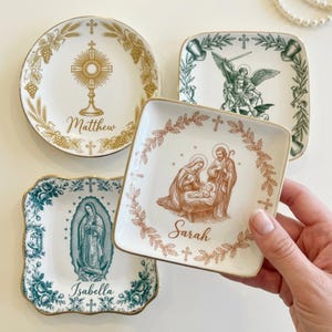 Personalized Catholic Trinket Dish, Custom Name Religious Dish, Catholic Gift, Christian Decor, Baptism First Communion Gift, Baptism Gift