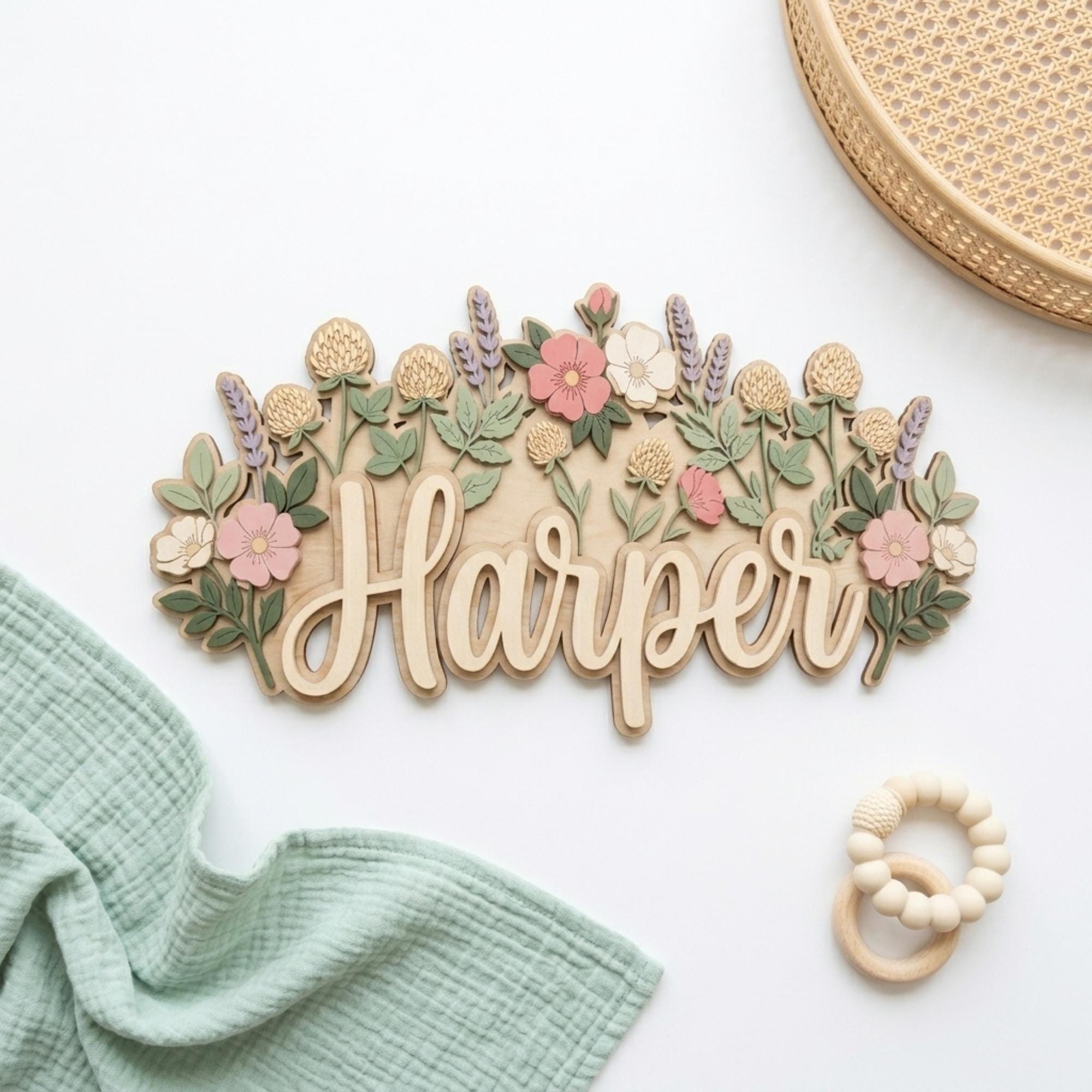 Personalized Floral Nursery Name Sign, Custom Wooden Baby Name Sign ...