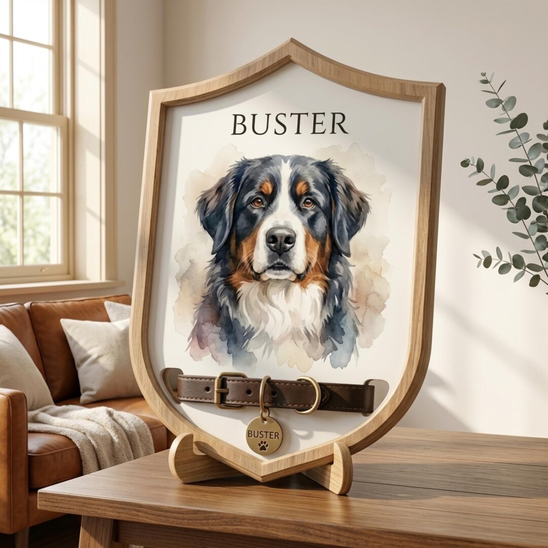 Custom Pet Memorial Frame With Collar Holder, Watercolor Dog Portrait ...