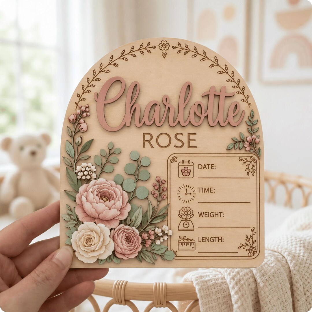 Personalized Baby Birth Stat Sign, Floral Wooden Nursery Name Sign ...