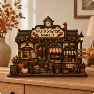 May include: A decorative miniature Maple Station Market building featuring a clock, autumn foliage, pumpkins, and signs reading Tickets, Pie Stand, Hot Cider, Fresh Baked Pies, and Warm Up Here. The structure includes a lamp post and luggage.