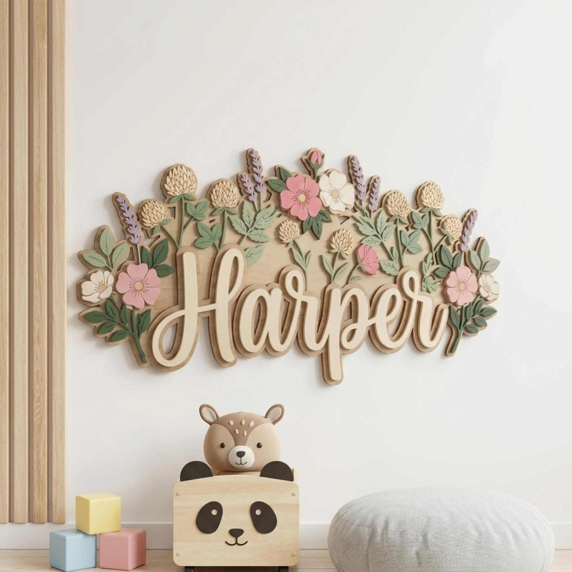 Personalized Floral Nursery Name Sign, Custom Wooden Baby Name Sign ...