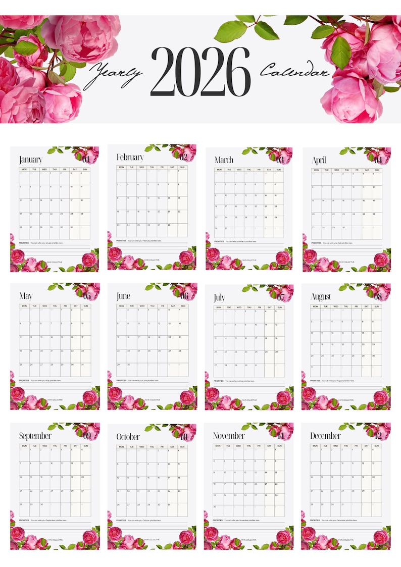 2026 Floral Yearly Calendar Printable Digital Planner Canva Editable - Etsy