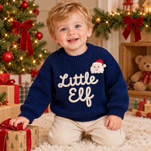 Baby Knit Sweater, Santa Patch Toddler Pullover, Boy Xmas Family Photo Attire, Winter Infant Keepsake Gift, Soft Cotton Knit Top