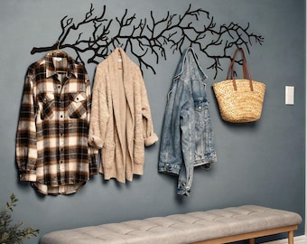 Coat Rack Wall Mount, Extra Large Branch Tree, Black Towels Hooks, Stylish Farmhouse Hanger