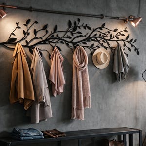 May include: A black metal wall-mounted coat rack featuring a decorative branch and leaf design. The rack is mounted horizontally on a gray wall beneath a pipe-style light fixture, providing multiple hooks for hanging coats, scarves, and hats.