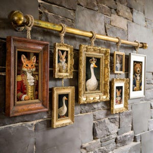 May include: A collection of framed animal portraits, including a fox, rabbit, bear, and duck, hanging from a gold-colored rod. The frames vary in size and style, with ornate gold and simple wooden frames. The portraits depict the animals in regal attire.