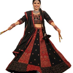 Black and Red Patchwork Cotton Lehenga with Mirror-Work Accents and Heritage Folk Print Borders